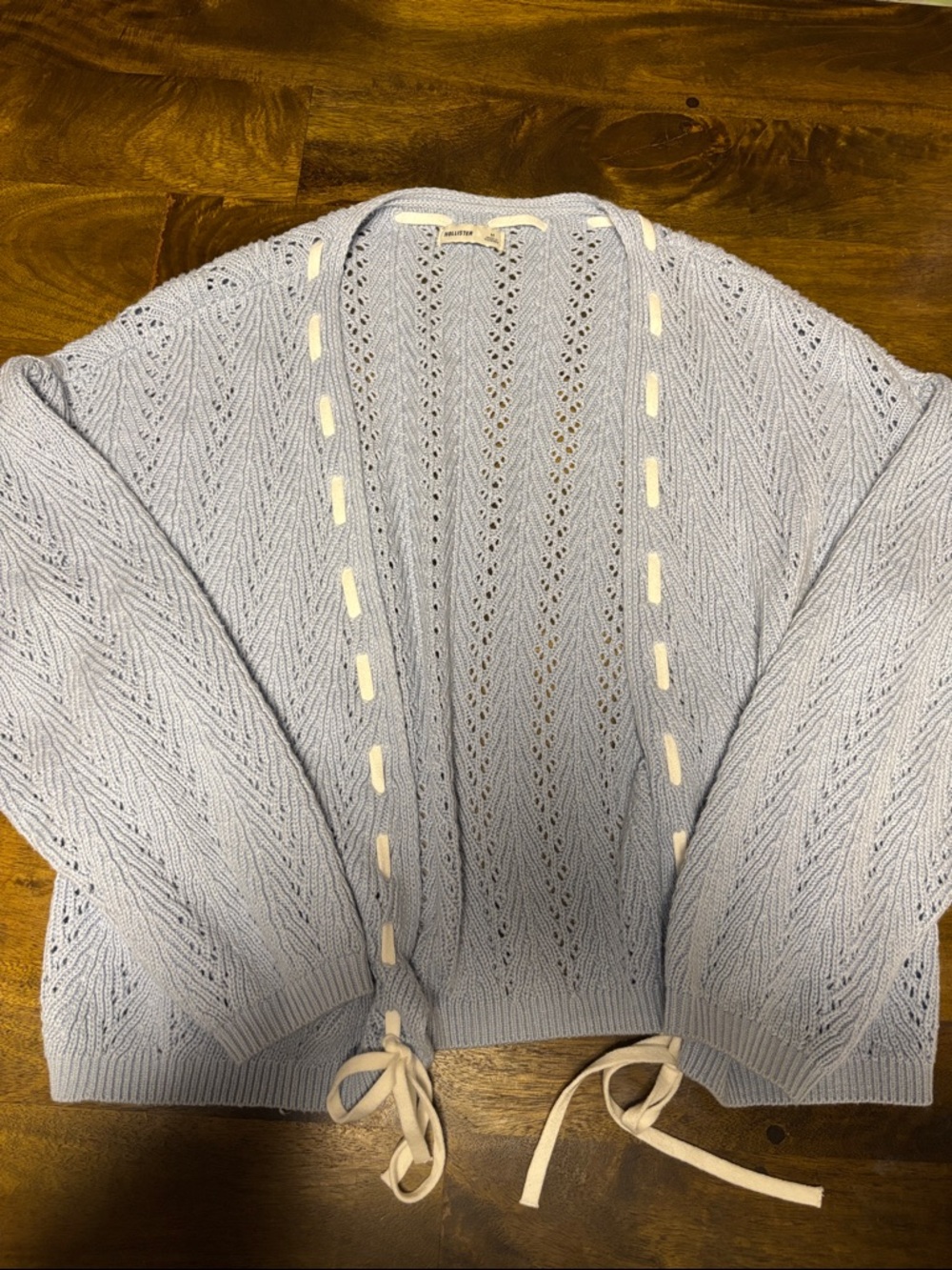 Hollister Light Blue Open-Front Lace-Knit Cardigan with Ribbon Ties
